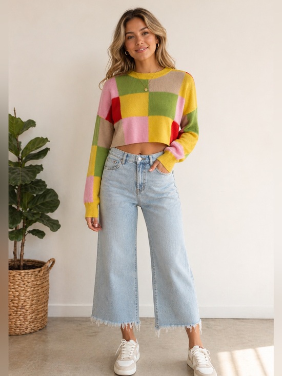 Zara Sweaters - ZARA Multicolor Colorblock Crewneck Sweater Yellow, Pink, Green & Red Size M